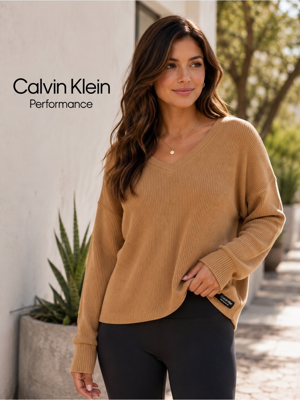 Calvin Klein V-Neck Ribbed Sweater in Camel Brown